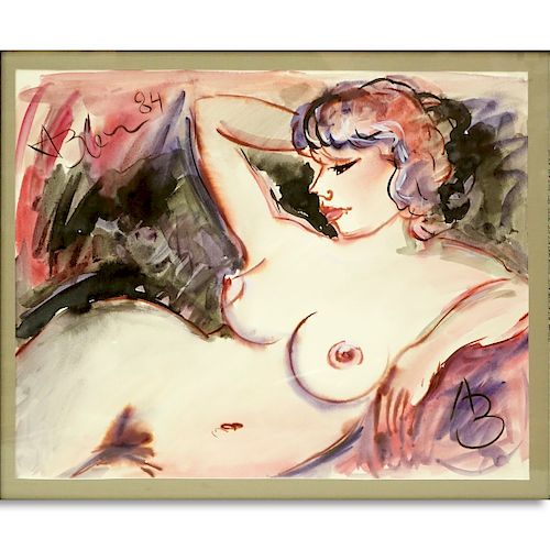 Attributed to: Anatoly Timofeivich Zverev, Russian. Watercolor on paper "Reclining Nude" Initialed 