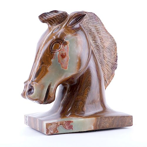 Large Carved Onyx Horse Head Sculpture Signed Bernie M. Rotating platform attached to base. Good co