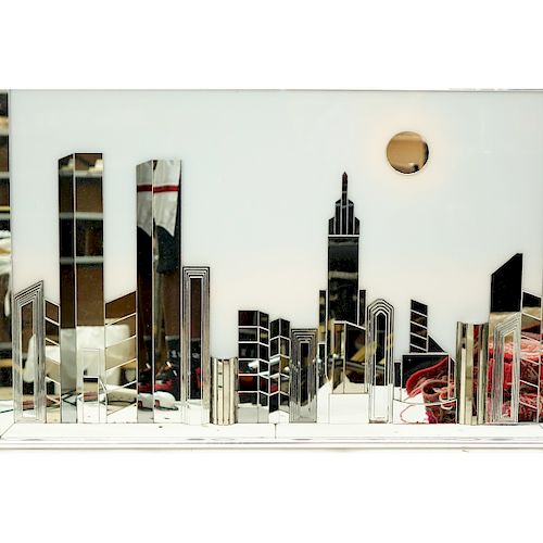 Mid Century Ello Style Cityscape Wall Mirror. Unsigned. Good condition. Measures 24-1/4" H x 36-1/4