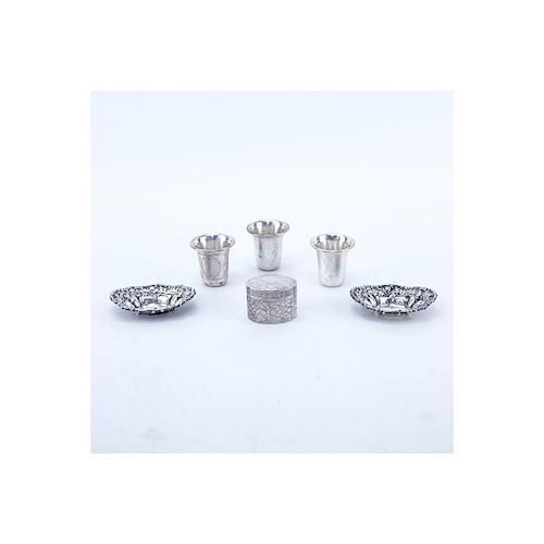 Group of Six (6): Three Sterling Silver Kiddush 2-1/4" H, Two Repousse Sterling Silver Nut Dishes 4