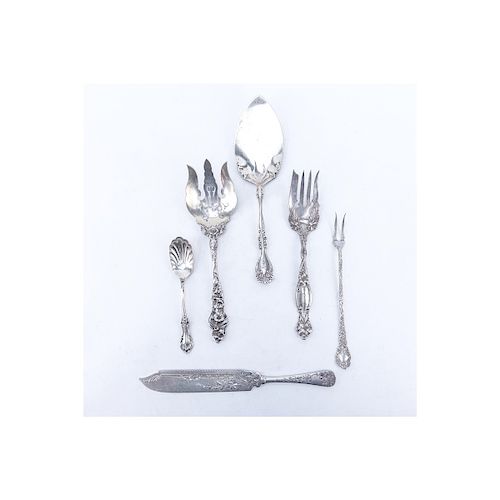 Grouping of Six (6) Antique Sterling Silver: Server 10" L, Shell Bowl Spoon 6-1/8" L, Knife 10-1/4"