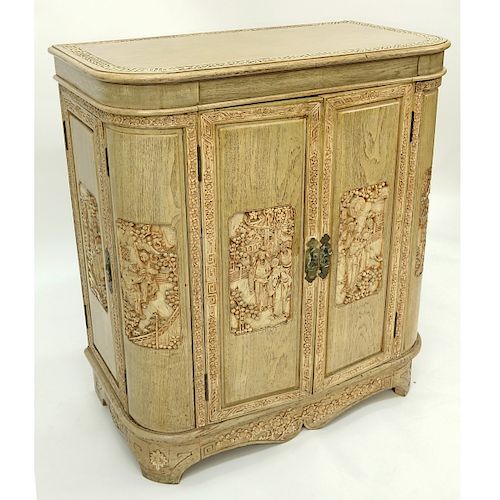 Vintage Chinese Motif Carved Wood Liquor Cabinet. Top lifts to reveal busy carved scene and fold ou
