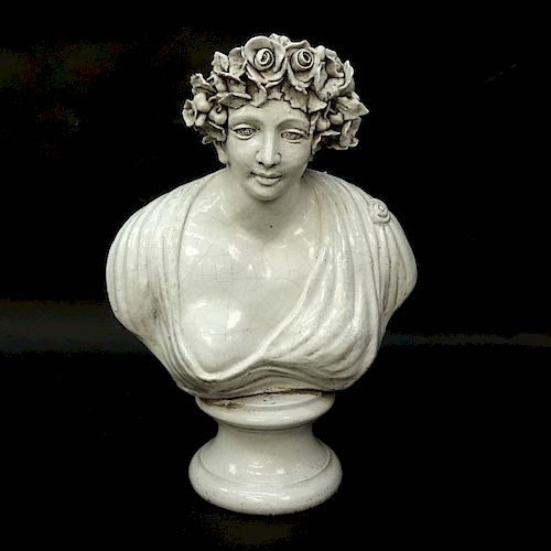 Large Faience Pottery, Neoclassical Bust of Young Woman. Unsigned. Crackle to glaze, some spotting,