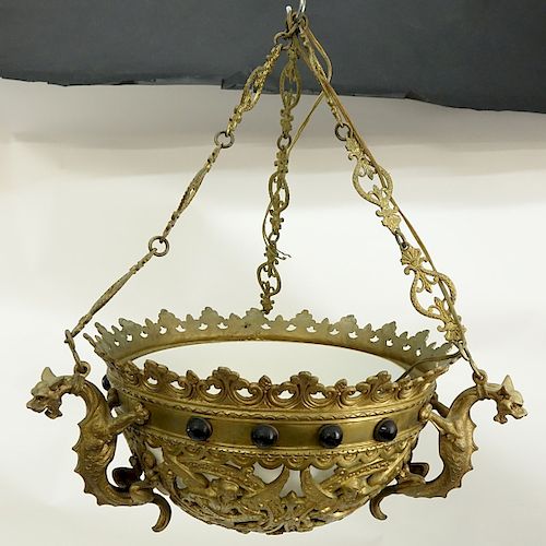 Antique Gothic Style Figural Gilt Bronze Dome Chandelier with Applied Glass Beads. Rubbing to gilt,