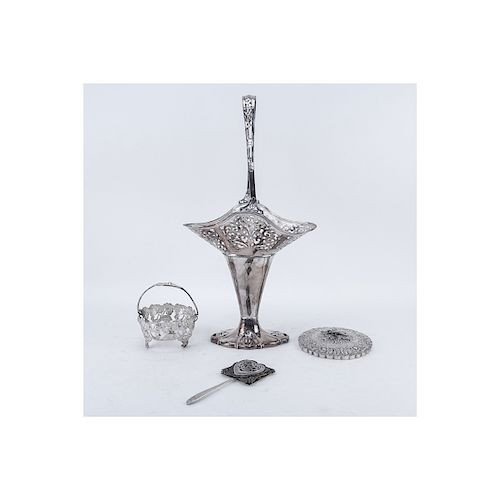 Grouping of Four (4): Meriden Silver Plate Brides Basket, Art Nouveau Style Repousse Mirror, Commun
