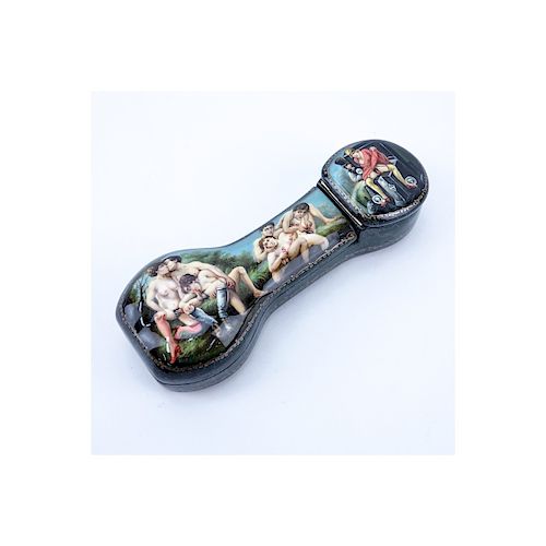 Russian Phallus Shaped  Lacquered Box with Painted Erotic Scene. Artist signed. Very good condition
