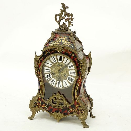Modern French Boulle Style Gilt Brass Mounted Bracket Clock. Enameled mounted dial with Roman numer