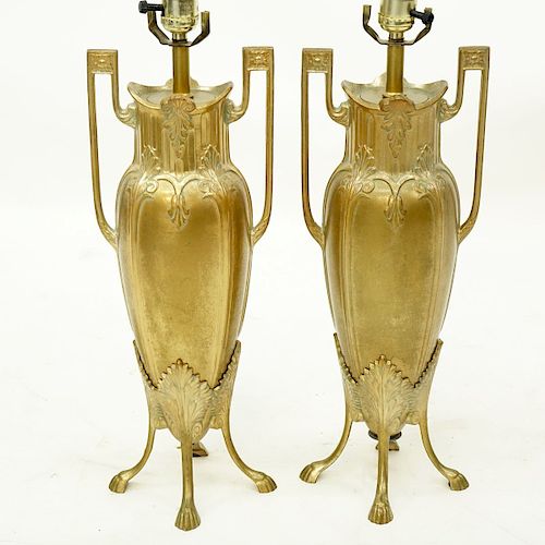 Pair of Art Nouveau Style Gilt Brass Lamps. Good condition. Measures 21-1/4" H x 7" W. Shipping: Th