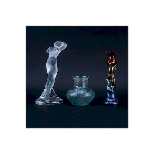 Group of Three (3): Lalique Nude Figurine, Zsolnay Eosin Tulip Pottery Candlestick, and Cameo Glass