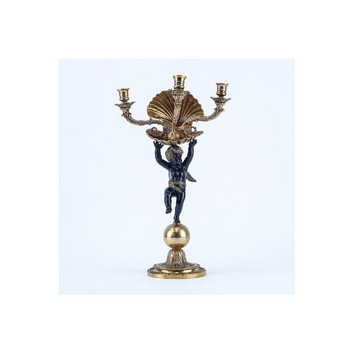 19/20th Century Empire Style Gilt Brass Three Arm Candelabrum with Cherub and Shell. Rubbing to gil