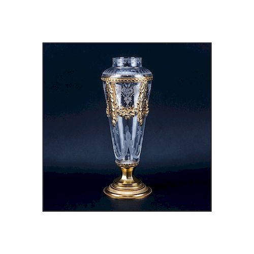 Louis XVI Style Gilt Brass and Etched Crystal Vase. Good condition. Measures 15" H x 6" W. Shipping