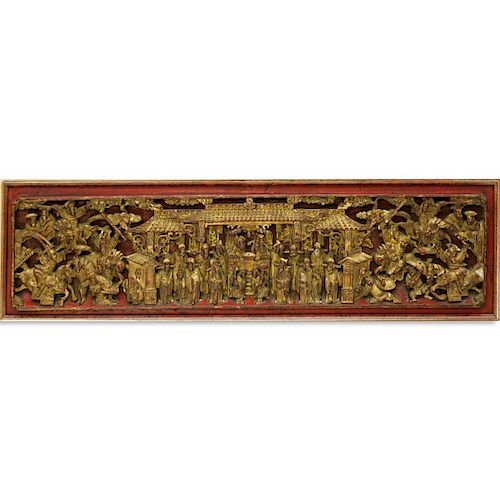 Chinese Gilt Painted and  Deep Relief Carved Wood Scenic Panel. Rubbing to gilt. Panel measures 8-1