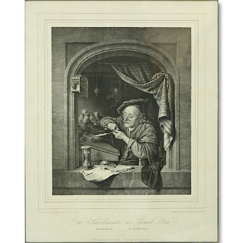 After: Franz Seraph Hanfstaengl, Antique Engraving "der schreibmeister von gerard don", left corner