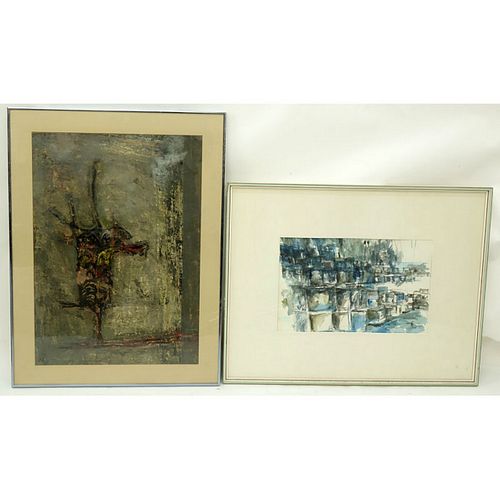 Grouping of Two (2) Mixed Media Abstract Compositions on Paper, Unsigned. One artwork has a tear to