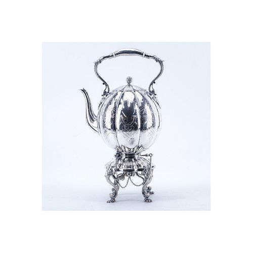 Victorian Style Silver Plated Tilting Hot Water Kettle on Stand. Unsigned. Good condition. Measures