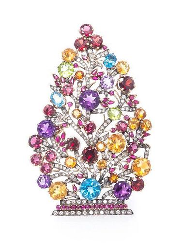 * A Collection of Silver Topped 10 Karat Yellow Gold, Diamond and Multi Gem Pendant/Brooches, 49.20 dwts.