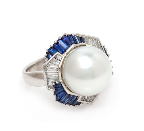 A Platinum, Cultured South Sea Pearl, Diamond and Sapphire Ring, 8.30 dwts.