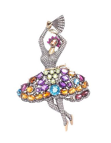 * A Silver Topped Yellow Gold, Diamond and Multi Gem Ballerina Pendant/Brooch, 21.70 dwts.