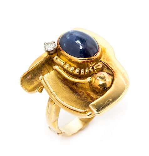 A Modernist 18 Karat Yellow Gold, Sapphire and Diamond Ring, Fernand Demaret, 10.05 dwts.