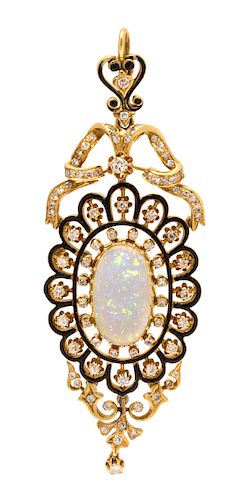 An 18 Karat Yellow Gold, Opal, Diamond and Enamel Pendant/Brooch, Italian, 15.10 dwts.