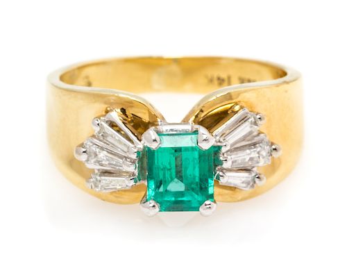 A Bicolor Gold, Emerald and Diamond Ring, 3.80 dwts.