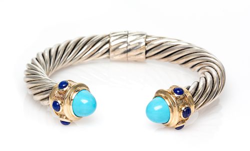 A Sterling Silver, 14 Karat Yellow Gold, Turquoise and Lapis Lazuli 'Renaissance' Bracelet, David Yurman, 31.70 dwts.