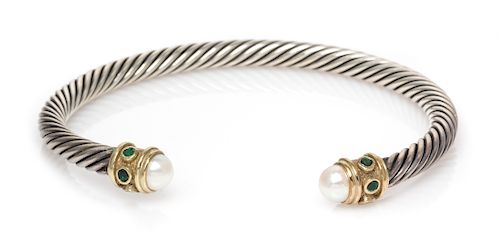 A Sterling Silver, 14 Karat Yellow Gold, Cultured Pearl and Emerald 'Renaissance' Bracelet, David Yurman, 17.80 dwts.