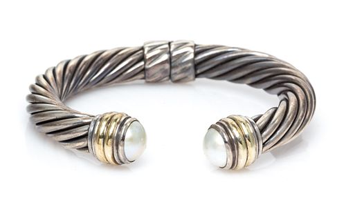 A Sterling Silver, 14 Karat Yellow Gold and Mabe Pearl 'Cable Classics' Bracelet, David Yurman, 28.40 dwts.