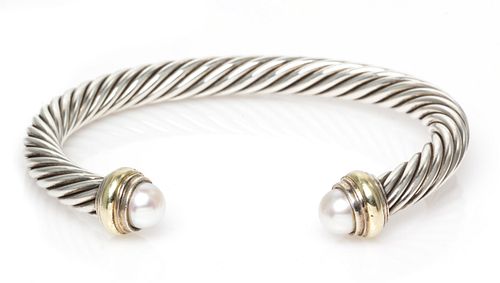 A Sterling Silver, 14 Karat Yellow Gold and Cultured Pearl 'Cable Classics' Bracelet, David Yurman, 28.70 dwts.