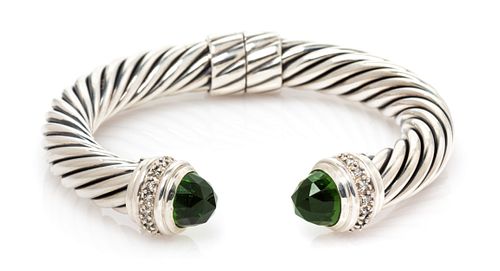 A Sterling Silver, Chrome Diopside and Diamond 'Cable Classic' Bracelet, David Yurman, 34.50 dwts.