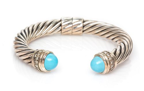 A Sterling Silver, Turquoise and Diamond 'Cable Classic' Bracelet, David Yurman, 30.80 dwts.