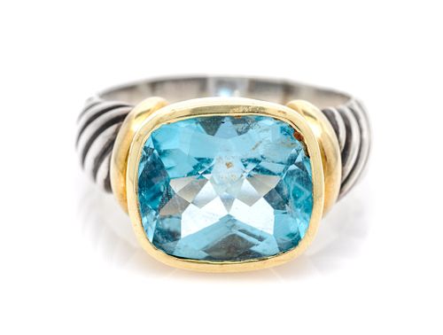 A Sterling Silver, 14 Karat Yellow Gold and Blue Topaz 'Noblesse' Ring, David Yurman, 7.50 dwts.