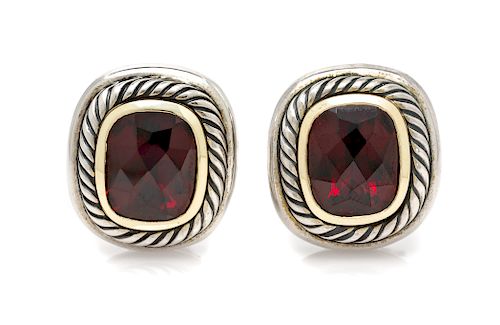 A Pair of Sterling Silver, 14 Karat Yellow Gold and Garnet 'Noblesse' Earclips, David Yurman, 13.20 dwts.