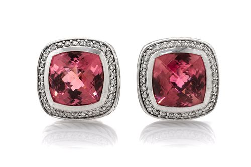 A Pair of Sterling Silver, Pink Tourmaline and Diamond 'Albion' Earclips, David Yurman, 9.20 dwts.