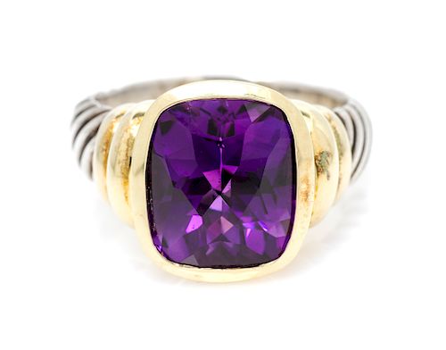 A Sterling Silver, 14 Karat Yellow Gold and Amethyst 'Noblesse' Ring, David Yurman, 9.50 dwts.