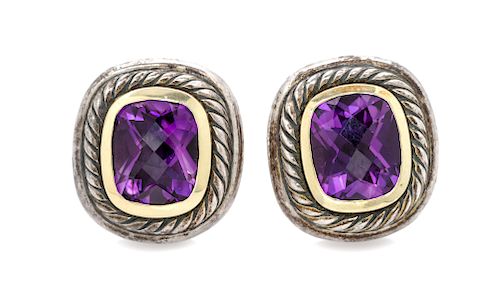 A Pair of Sterling Silver, 14 Karat Yellow Gold and Amethyst 'Noblesse' Earclips, David Yurman, 12.70 dwts.