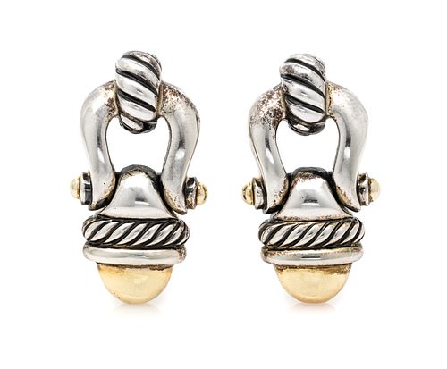A Pair of Sterling Silver and 14 Karat Yellow Gold 'Buckle' Earclips, David Yurman, 10.30 dwts.