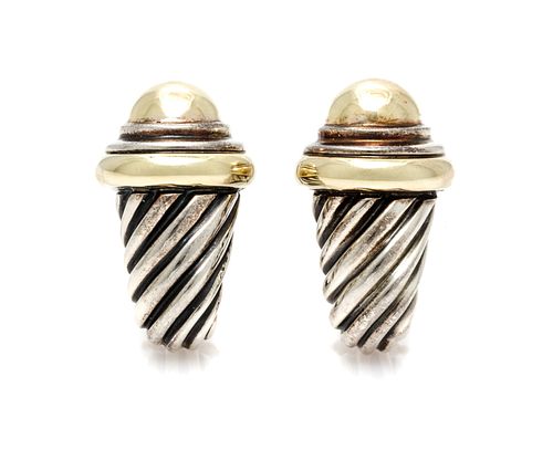 A Pair of Sterling Silver and 14 Karat Yellow Gold 'Thoroughbred' Earclips, David Yurman, 8.70 dwts.