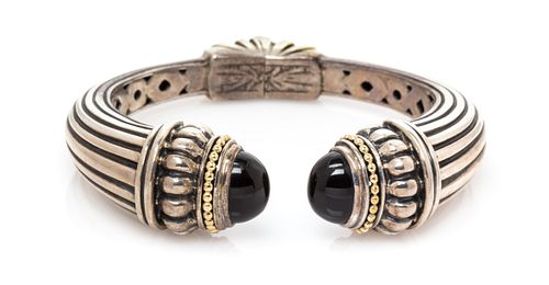 A Sterling Silver, 18 Karat Yellow Gold and Onyx 'Caviar' Cuff Bracelet, Lagos, 41.50 dwts.