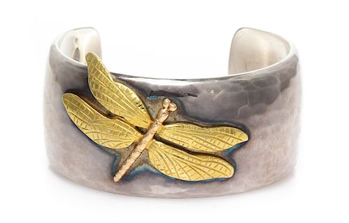 A Sterling Silver and 18 Karat Yellow Gold 'Dragonfly' Cuff Bracelet, Tiffany & Co., Circa 2001, 45.15 dwts.