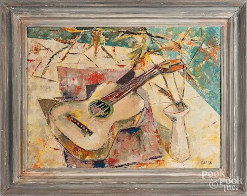 Pier Sassu oil on canvas guitar still life