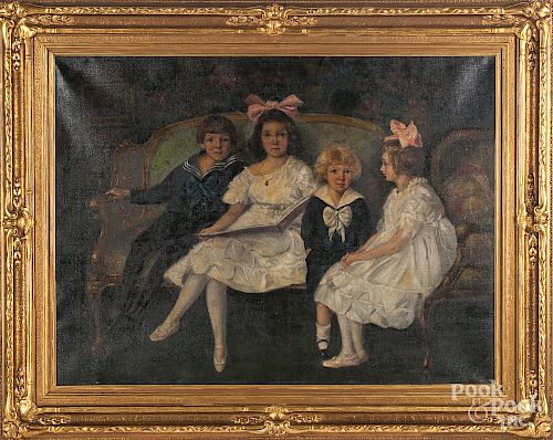 American oil on canvas portrait of four children