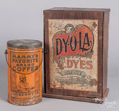 Painted tin Dyola Dyes cabinet and tin