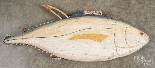 Two carved and painted fish trade signs