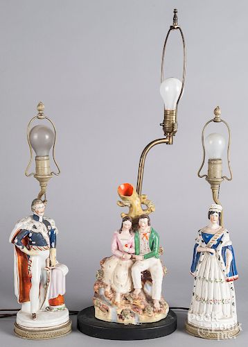 Three Staffordshire table lamps