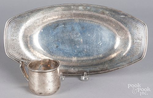 Art Nouveau sterling silver tray and a cup