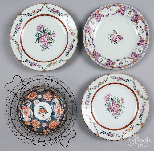 Three Chinese export porcelain plates, etc.