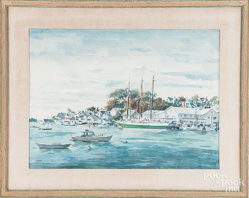 Three watercolor harbor scenes