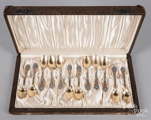 Twelve Gorham enameled silver gilt demitasse spoons