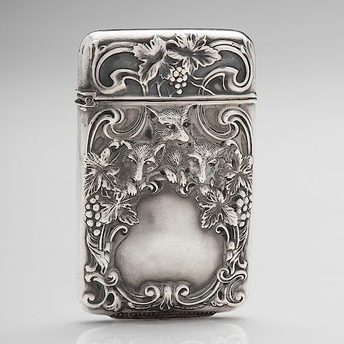 Sterling Match Safe with Art Nouveau Decorations of Foxes, Grapes and Scrolls